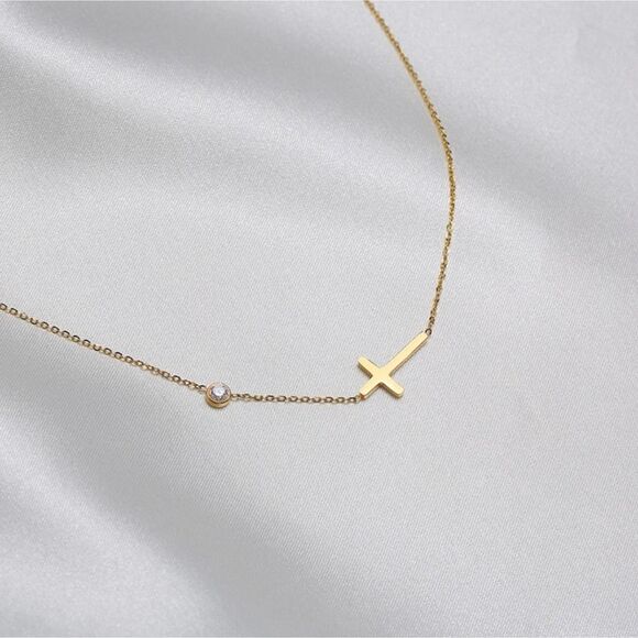 Gold Sideways Cross Necklace Cubic Zirconia Charm - Picture 2 of 6